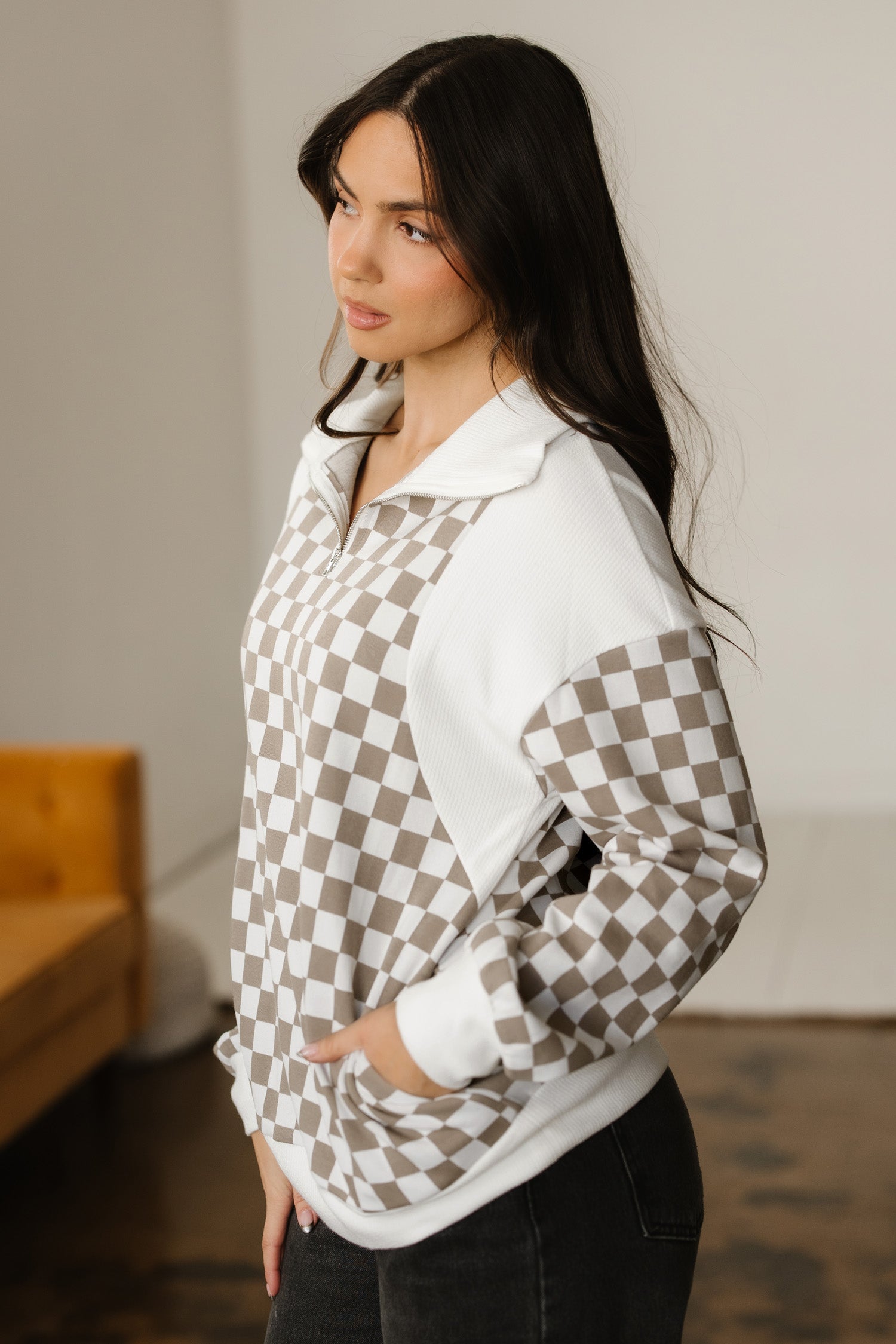 Checkered Patchwork Quarter Zip