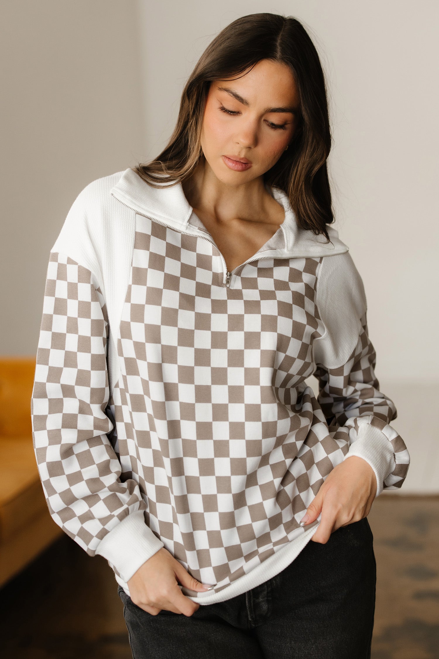 Checkered Patchwork Quarter Zip