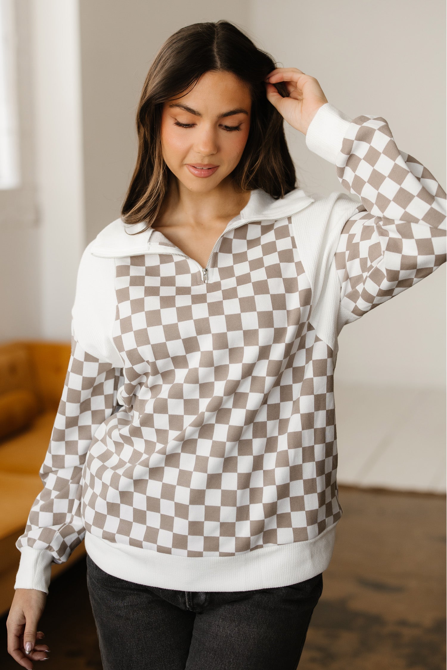 Checkered Patchwork Quarter Zip