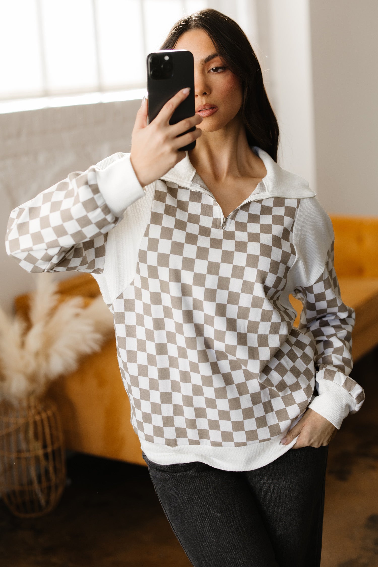 Checkered Patchwork Quarter Zip