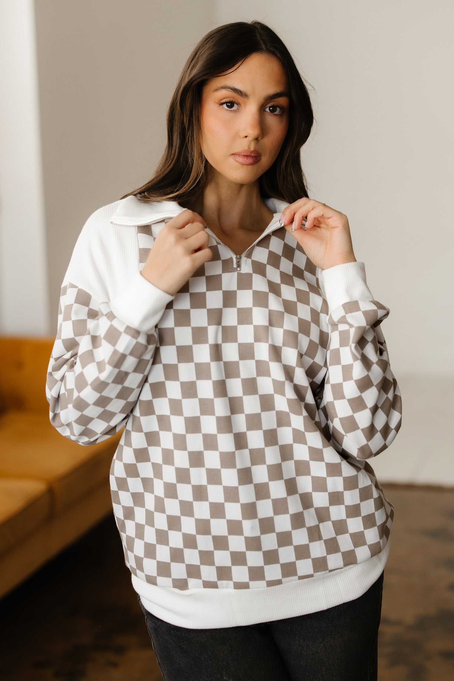 Checkered Patchwork Quarter Zip