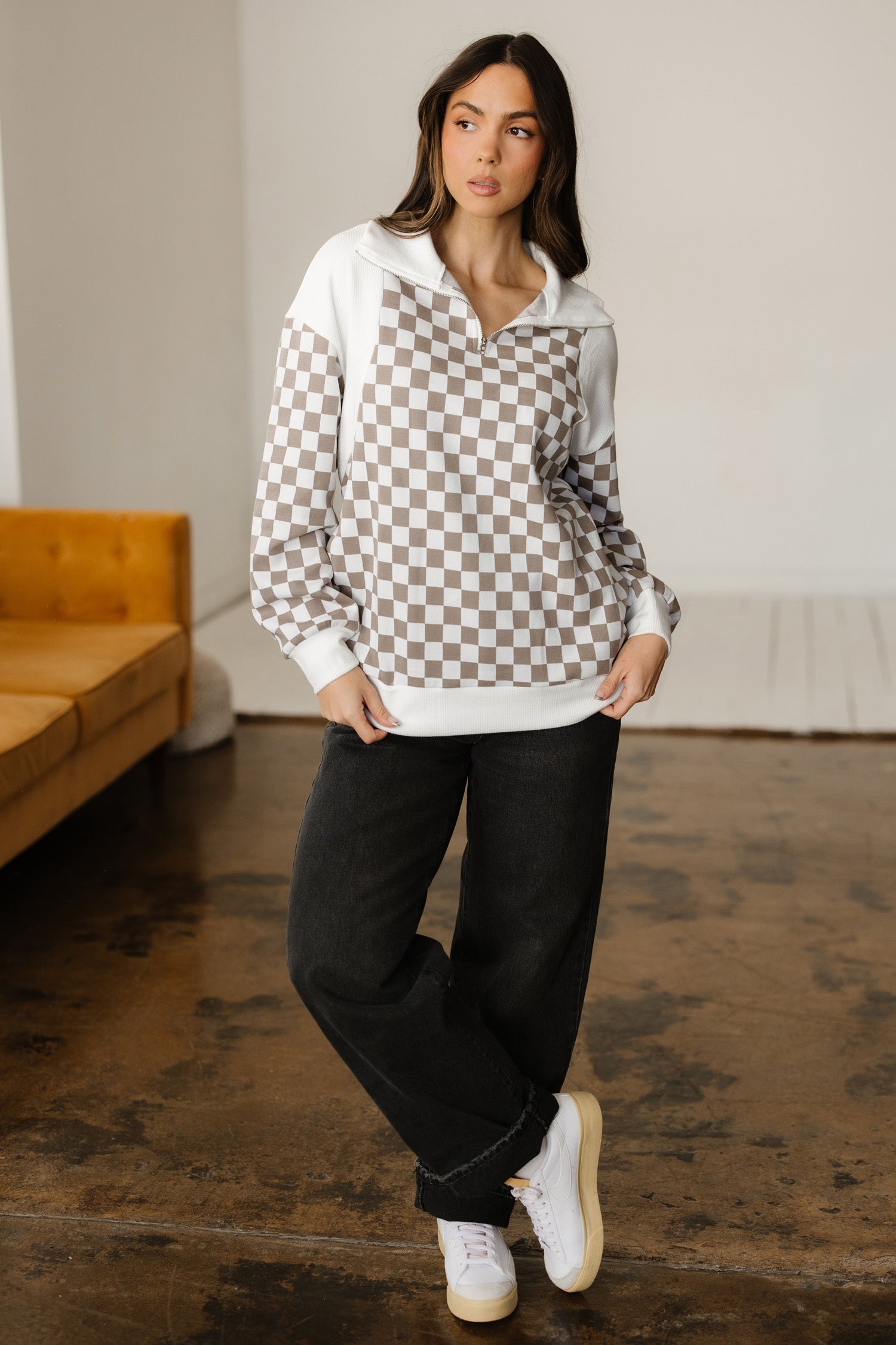 Checkered Patchwork Quarter Zip